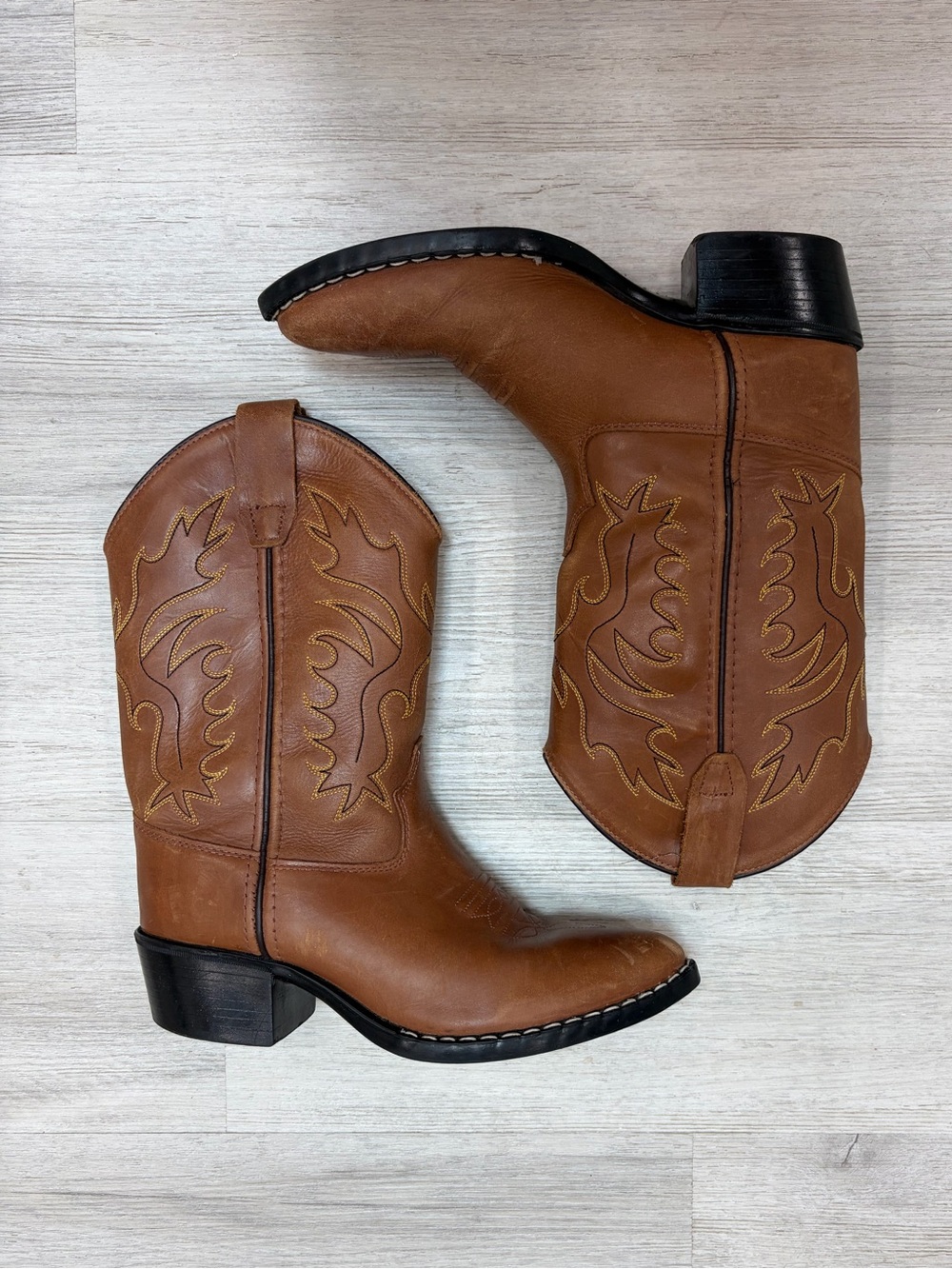 Old West Kids 8129 Tan/Brown Leather Western Cowboy Boots Size 3.0D - Picture 3 of 8